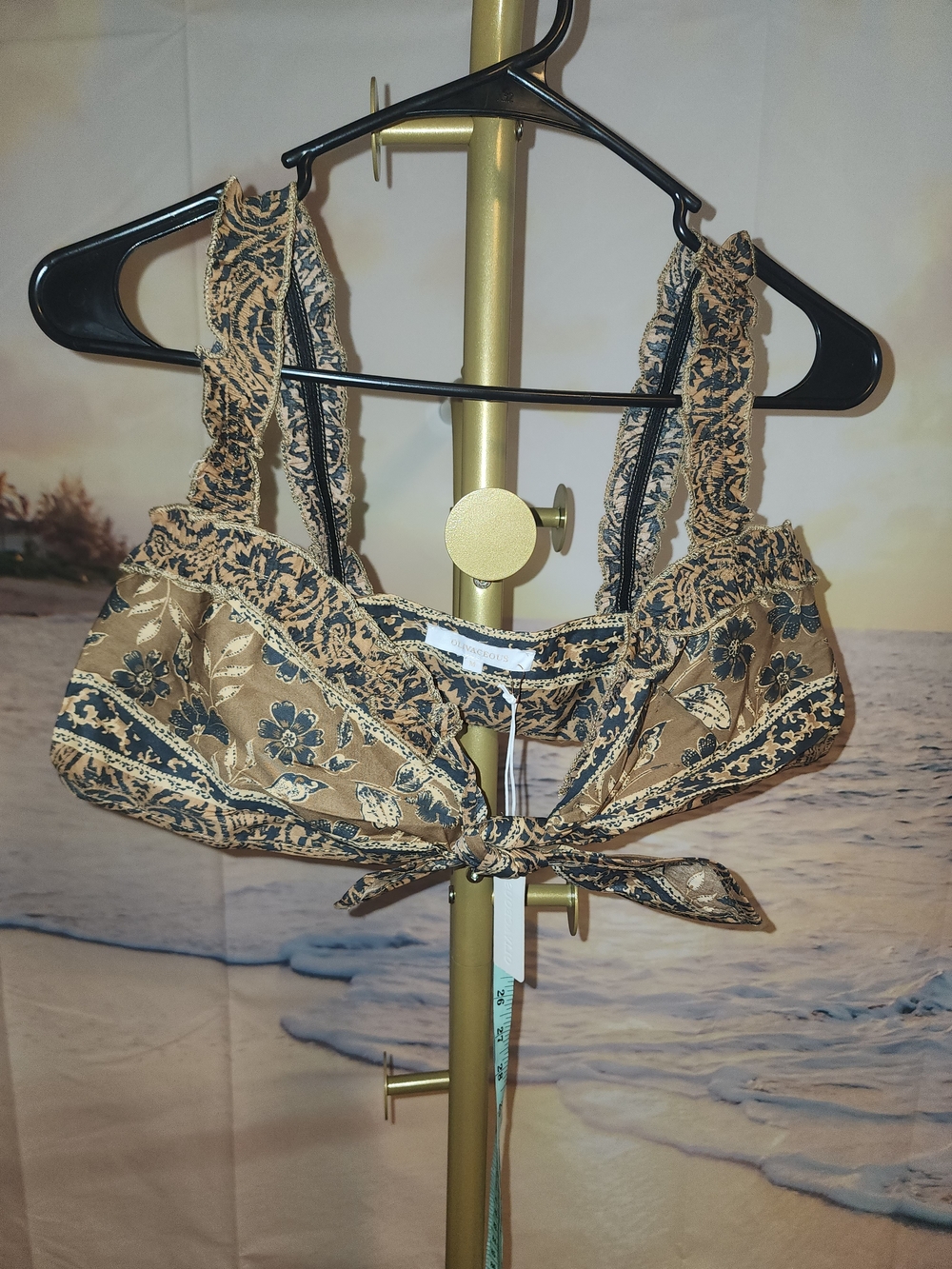 Olivaceous Woven Floral Tie-Front Bralette in Tan and Black